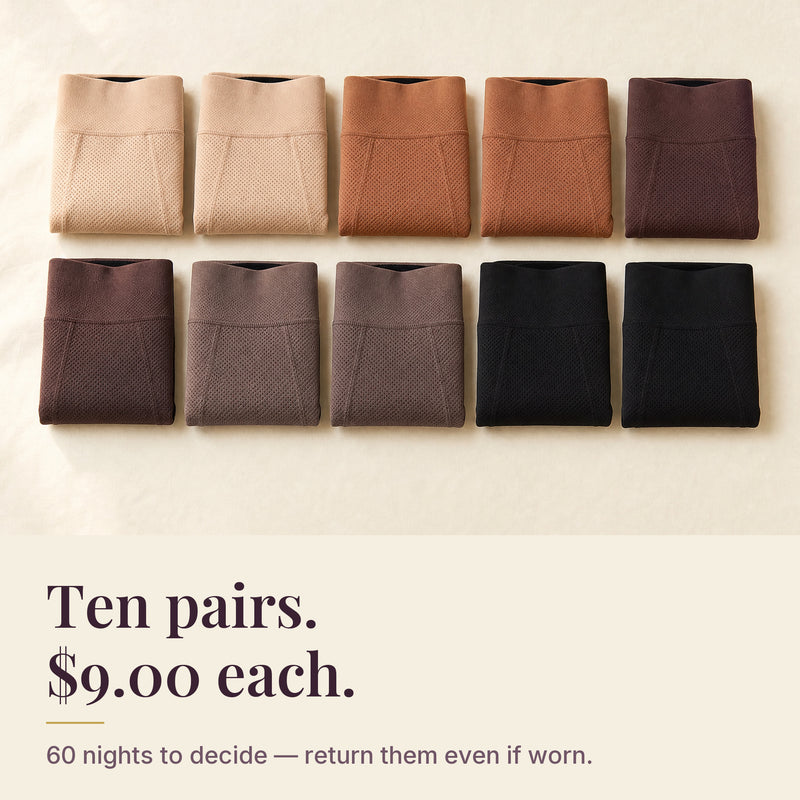 Ten Everfleur briefs laid out in five shades from beige to black, showing how the 10-pair set brings the per-pair price down.