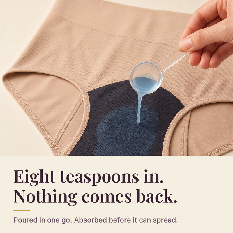 Eight teaspoons of liquid poured in one go onto the charcoal gusset of an Everfleur brief, absorbed on contact with no spread or run-off.