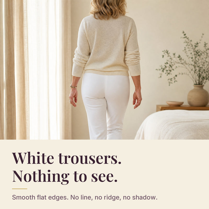 Woman photographed from behind in white trousers wearing an Everfleur brief: flat edges, no visible panty line, ridge or shadow.