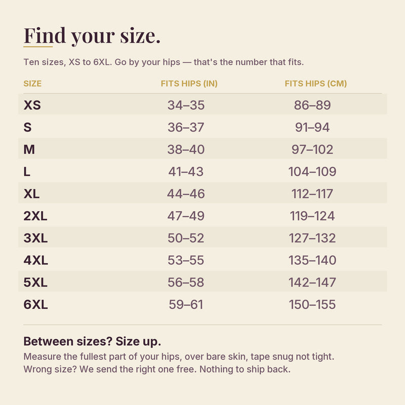 Everfleur size chart matching hip measurement to ten sizes, XS through 6XL, in inches and centimetres. If you are between sizes, size up.